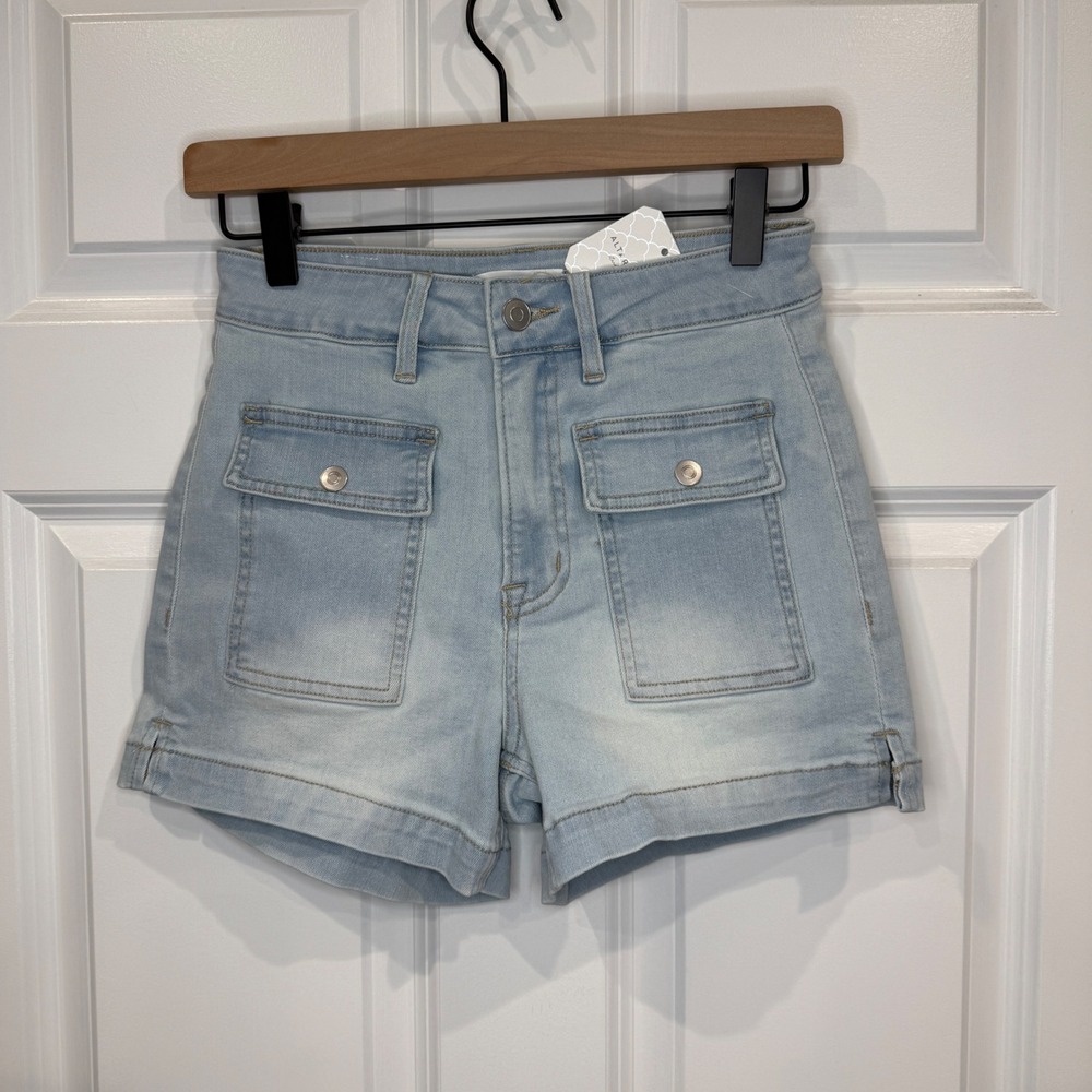 Altar'd State Light Wash High Waisted Utility Denim Shorts Size 24